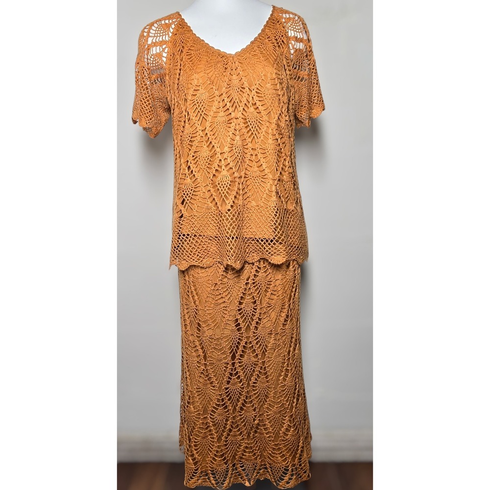 Handmade Deep Orange Crochet Knit Fairycore Top and Skirt Set Boho‎ V Neck